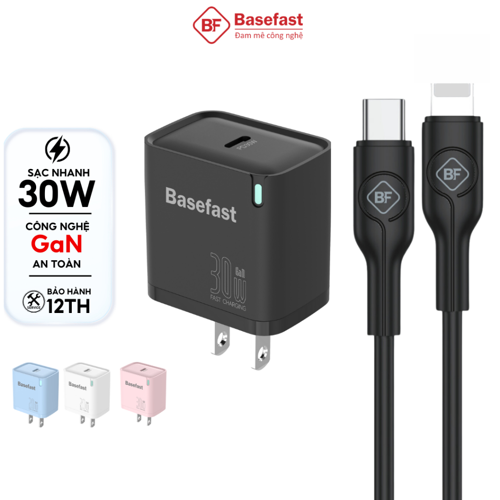 Bộ sạc nhanh 30W Basefast củ sạc GaN kèm dây silicon siêu bền cho Phone x xs 11 12 13 14 pro max