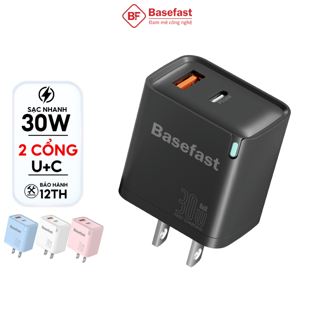 Củ sạc nhanh 30W Basefast công nghệ GaN siêu bền dùng cho Phone xs max 11 12 13 14 15 samsung xiaomi