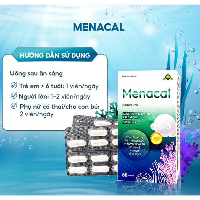Menacal ( hộp 60 viên) bổ sung canxi hữu cơ cho mẹ bầu không nóng không táo. trẻ đang tuổi phát triể