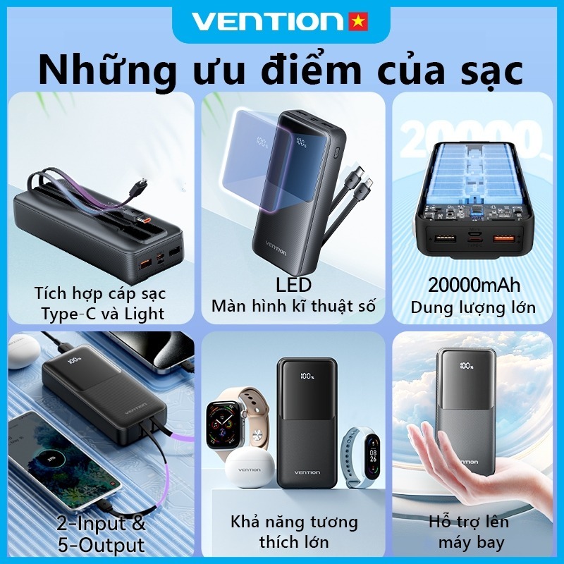 Sạc Dự Phòng 20000mAh 22.5W Vention,Có Sẵn Dây Cáp Type C Và Light, Sạc được 4 thiết bị cùng lúc | BigBuy360 - bigbuy360.vn