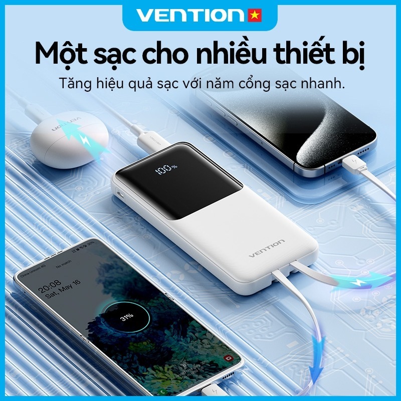 Sạc Dự Phòng 20000mAh 22.5W Vention,Có Sẵn Dây Cáp Type C Và Light, Sạc được 4 thiết bị cùng lúc | BigBuy360 - bigbuy360.vn