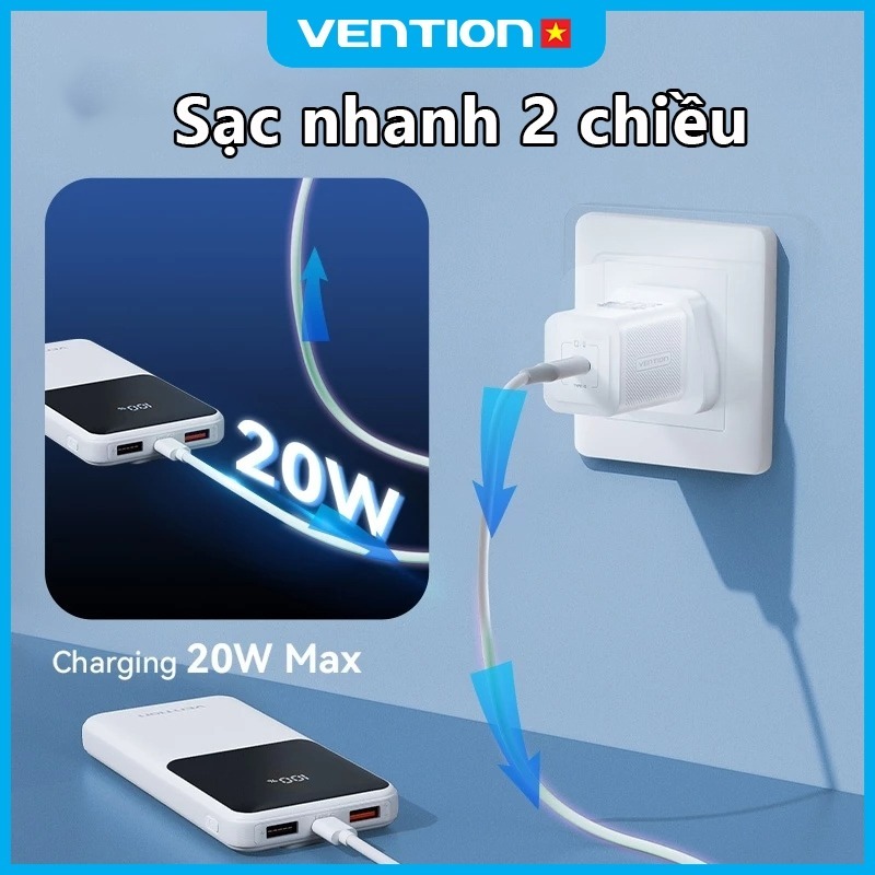 Sạc Dự Phòng 20000mAh 22.5W Vention,Có Sẵn Dây Cáp Type C Và Light, Sạc được 4 thiết bị cùng lúc | BigBuy360 - bigbuy360.vn
