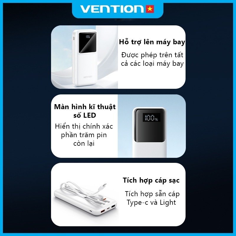 Sạc Dự Phòng 20000mAh 22.5W Vention,Có Sẵn Dây Cáp Type C Và Light, Sạc được 4 thiết bị cùng lúc | BigBuy360 - bigbuy360.vn