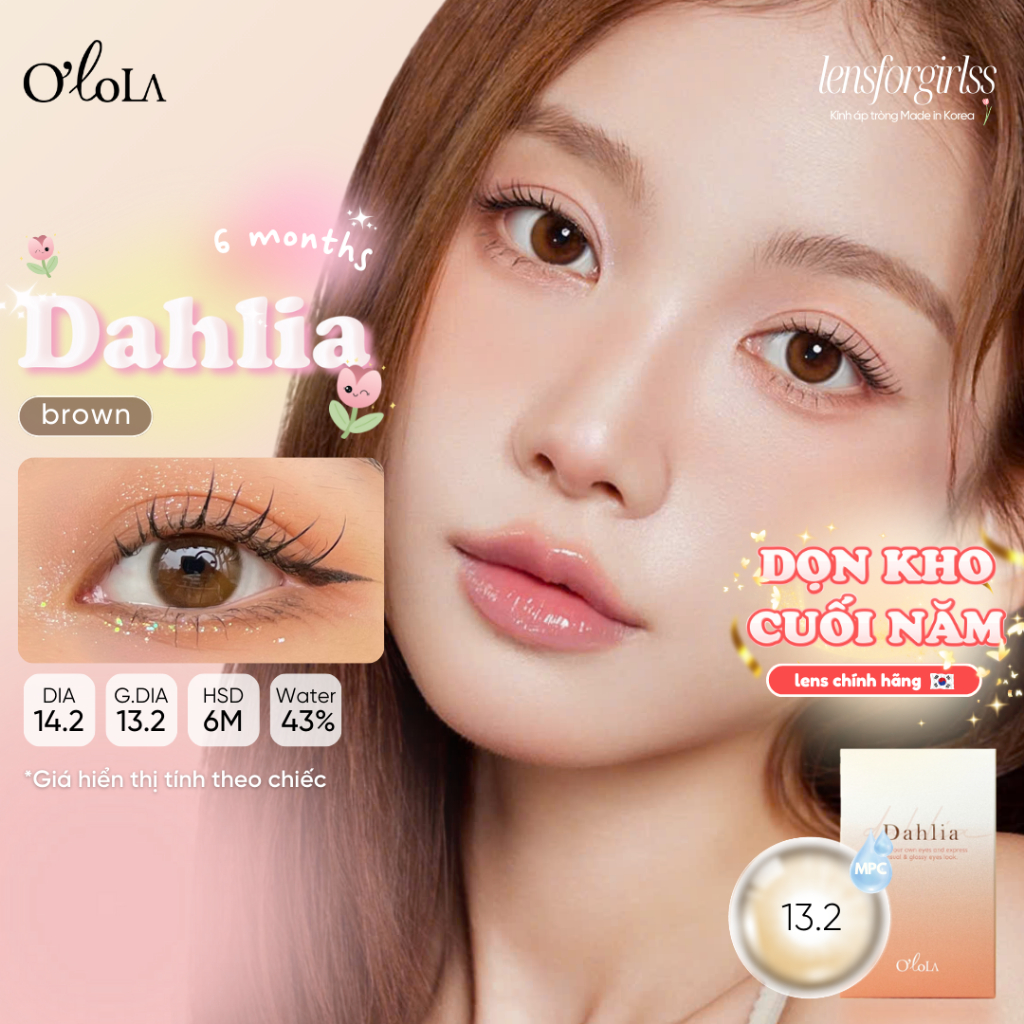 Lens Nâu | Kính áp tròng GIÃN TRÒNG ẨM CAO nâu phủ bóng DAHLIA BROWN chính hãng OLOLA | Lens Cận | L