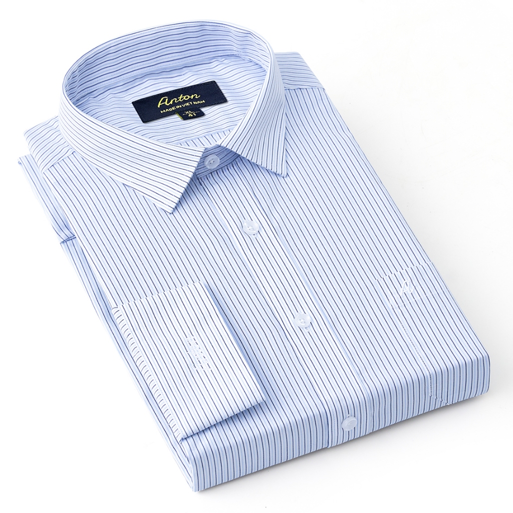  Áo Sơ Mi Nam Công Sở Trung Niên Thương Hiệu Anton Xanh Dương Kẻ Sọc Dài Tay Vải Cotton Kẻ Sọc Đôi - 327 