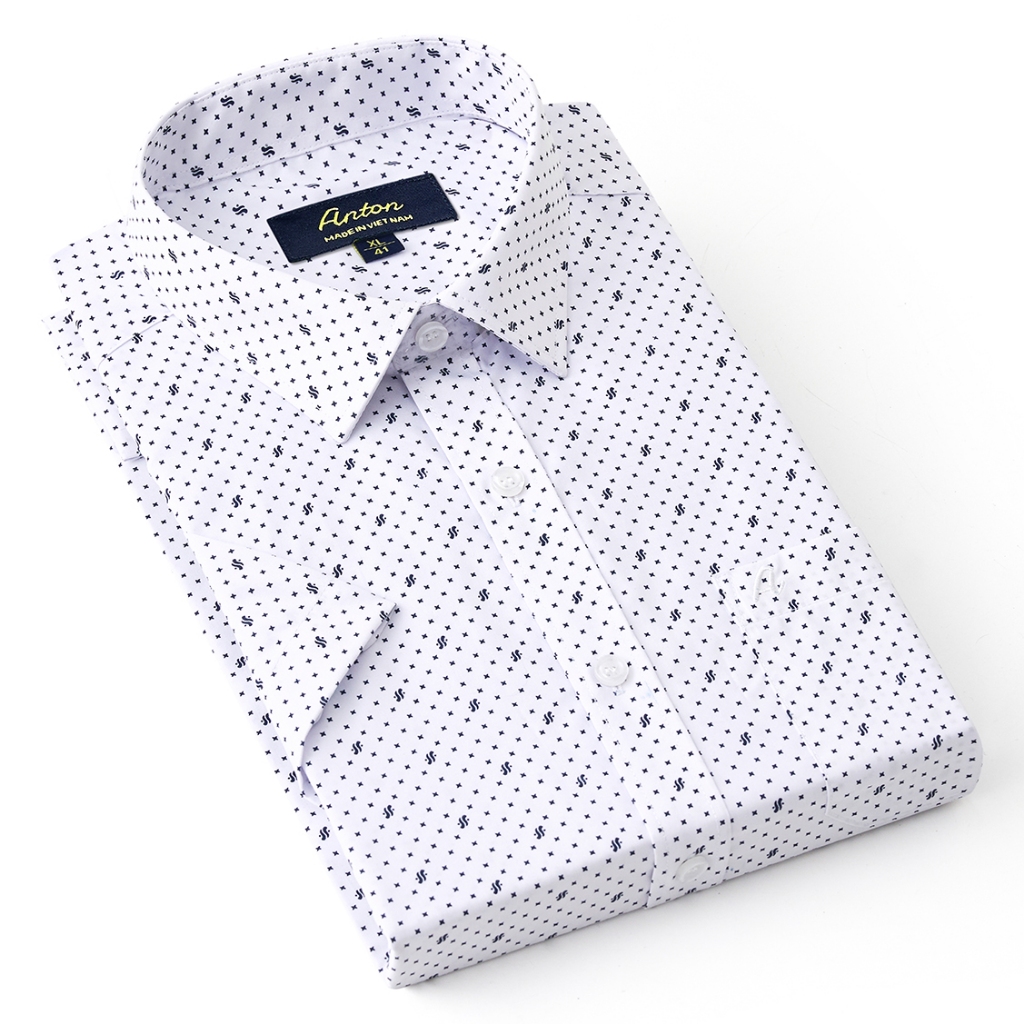 Áo Sơ Mi Nam Công Sở Trung Niên Thương Hiệu Anton SOMIANTON Màu Trắng Họa Tiết Chấm Bi Ngắn Tay Vải Cotton - 808