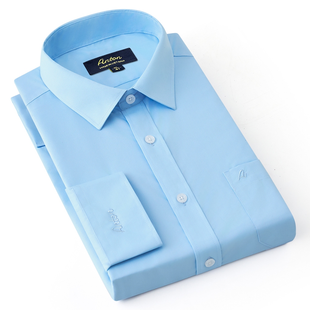 Áo Sơ Mi Nam Công Sở Trung Niên Anton Somianton Xanh Trơn Dài Tay Vải Cotton - A14