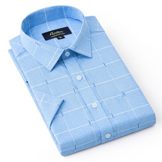  Áo Sơ Mi Nam Công Sở Trung Niên Anton Somianton Màu Xanh Dương Ngắn Tay Vải Sợi Cotton Kẻ Trắng – GD553 