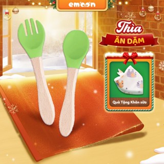  Thìa + Dĩa ăn dặm silicone Emoon chất liệu mềm mại an toàn cho bé 
