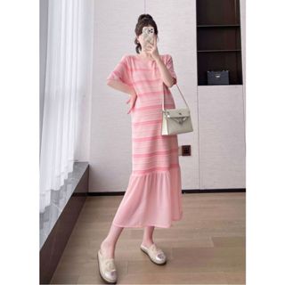  Đầm bầu suông len Montoghi phối voan cao cấp co giãn nhẹ nhàng màu hồng by Đầm Bầu Thỏ - PT524 