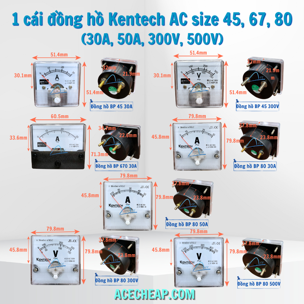 1 Cái đồng hồ Kentech AC size 45, 65, 670, 80 (30A, 50A, 300V, 500V)
