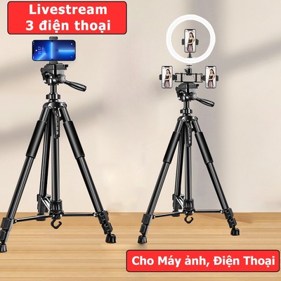 Chân Đỡ Điện Thoại Livestream 3 Máy Kiêm Tripod Máy Ảnh 360 Độ Đa Năng Để Chụp Ảnh Quay Video Cao 180cm - HOLOCOM