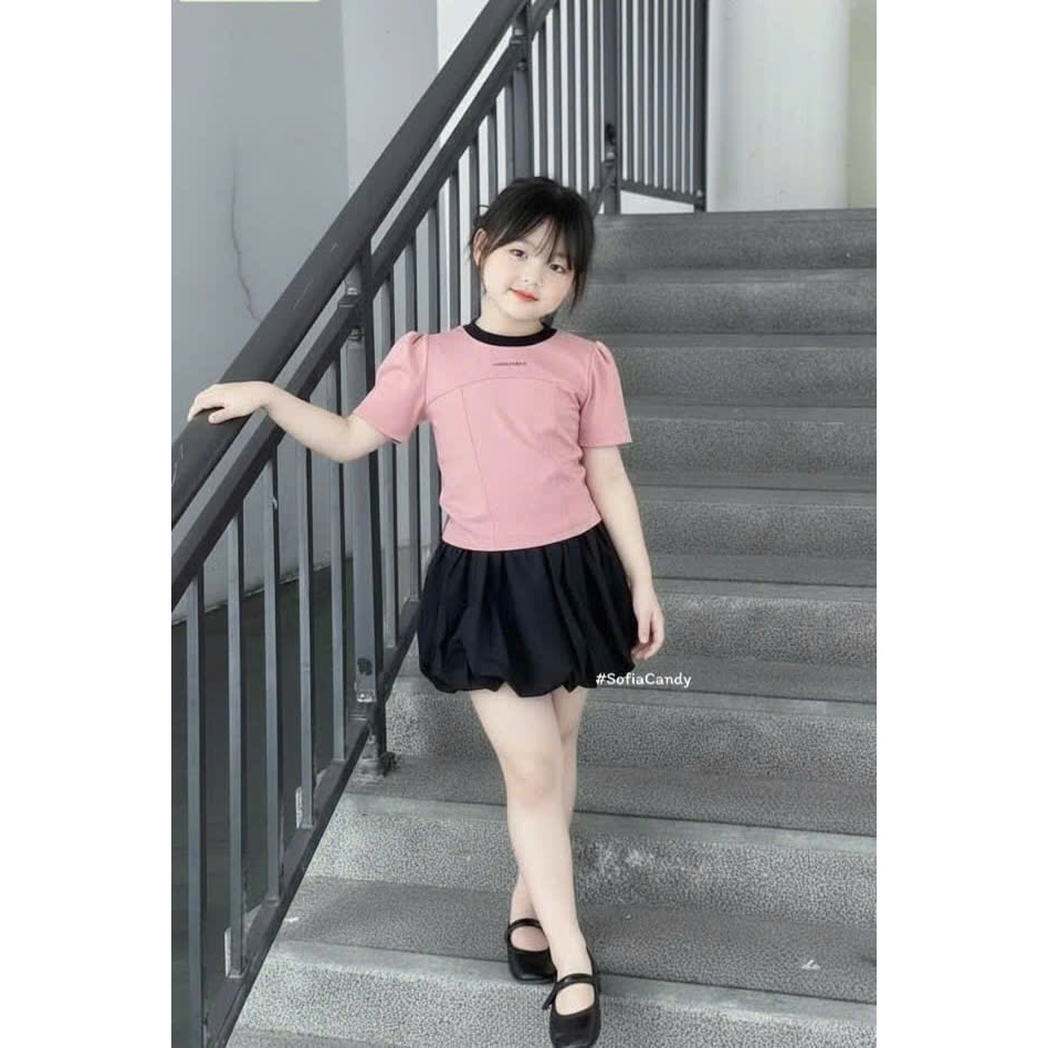 [B&G] Sét bộ áo cot ton hồng kèm chân váy bí đen cho bé gái từ 10-45kg(2-12 tuổi)