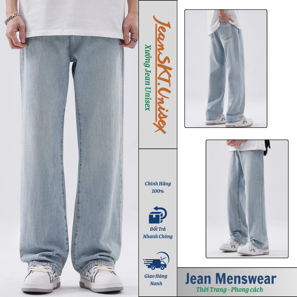 Quần Jean Nam Dáng Baggy Ống Suông Màu Xanh Retro Chất Vải Dày Dặn Phối Wash - JeanSKT