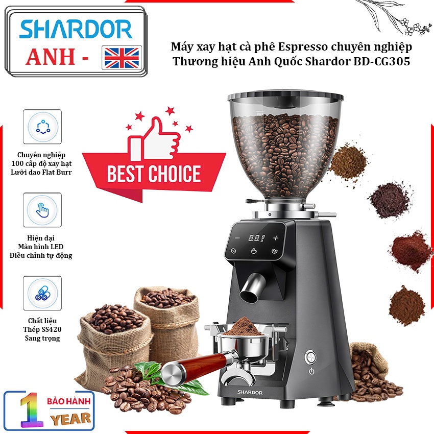 Máy xay hạt cà phê Espresso chuyên nghiệp - Chuyên dùng cho quán cà phê. Thương hiệu Anh Quốc Shardor BD-CG305