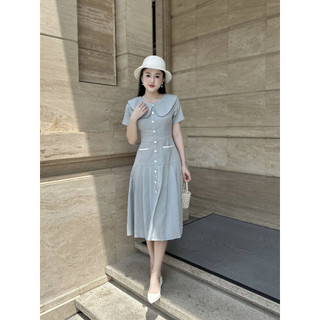 Đầm công sở nữ vải gân Hàn cổ bèo tay ngắn, váy công sở thanh lịch,Váy đầm nữ dáng midi ZOMI Z049