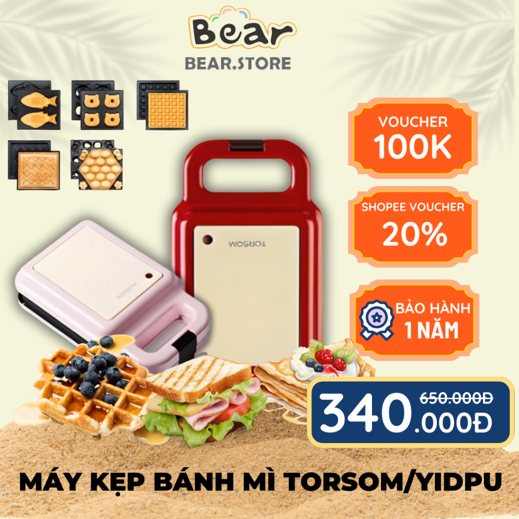 Máy Kẹp Bánh Mì Torsom/Yidpu, Làm Bánh Waffle, Sandwich, Máy Nướng Bánh Máy Làm Bánh Cho Bé