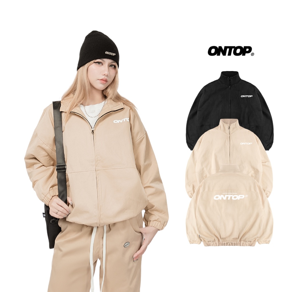 Áo khoác kaki cổ trụ bo chun 2 lớp ONTOP túi trong, có size cho nam nữ màu đen, be local brand | O18