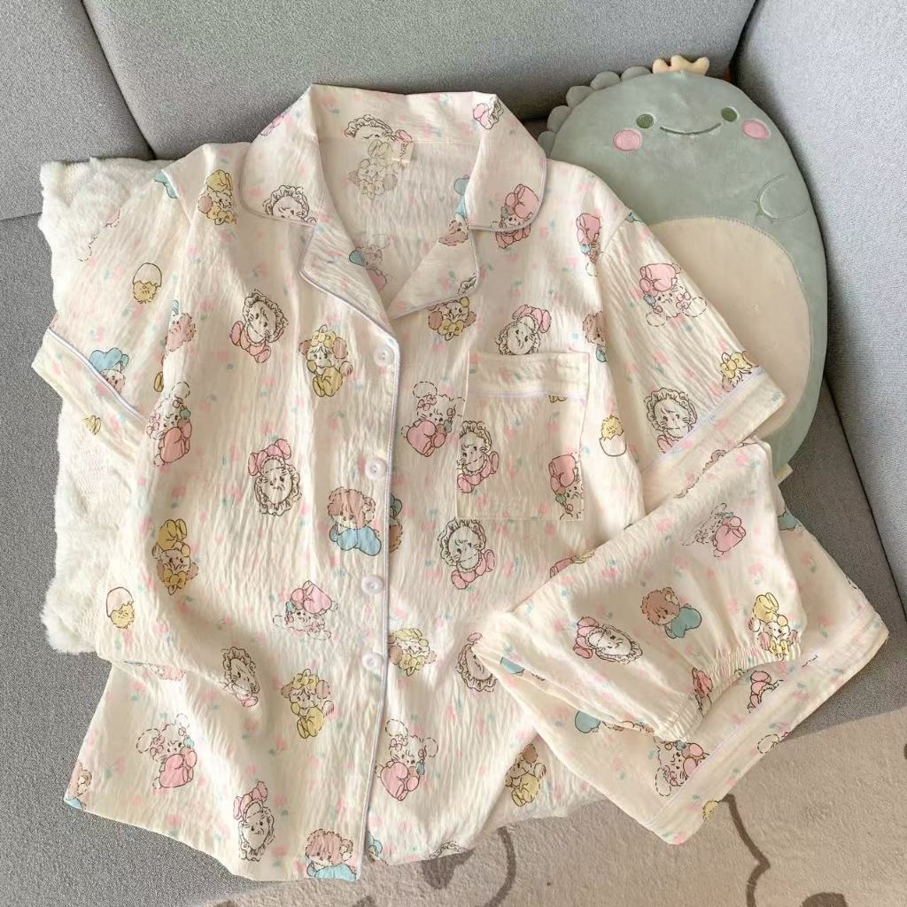 Bộ đồ ngủ pijama Đồ ngủ nữ mềm mại Thoải mái ngắn tay cổ lật thoáng khí Thục nữ dễ thương 609