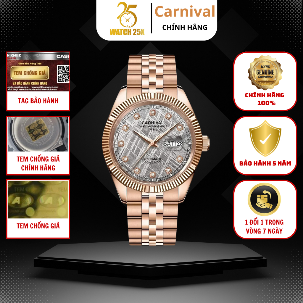 Đồng Hồ Nam Carnival 8131G-VH-TT Watch25x Bộ Máy Cơ Tự Lên Dây, Dây 5 Chỉ, Thép Không Gỉ Mạ PVD