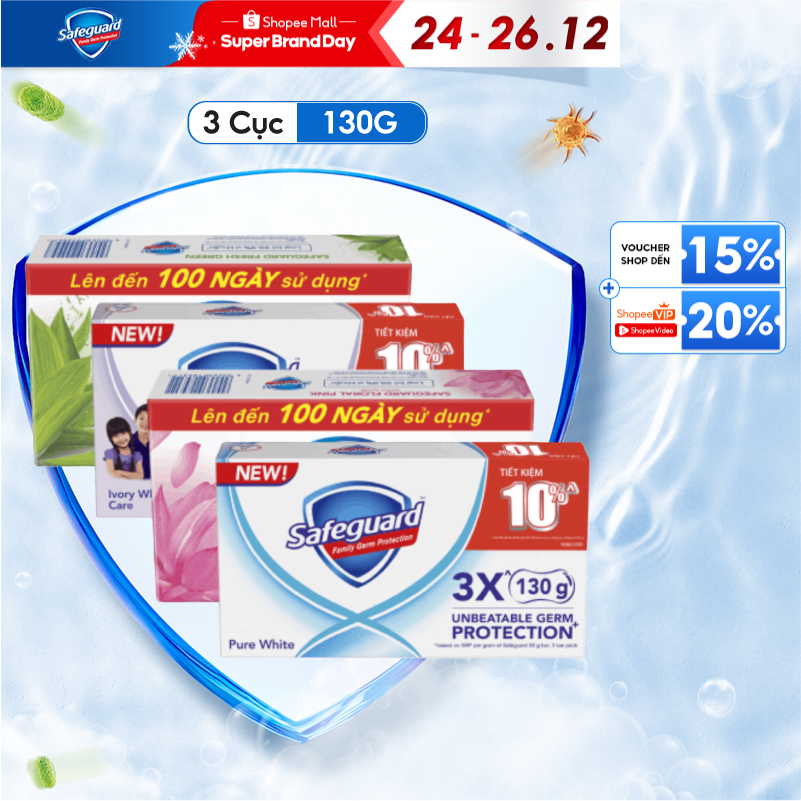  Lốc 3 Xà Bông Cục SAFEGUARD Sạch 99% Vi Khuẩn Cho Da-HoaHồng TrắngTinhKhiết ThảoMộc  DịuNhẹ 