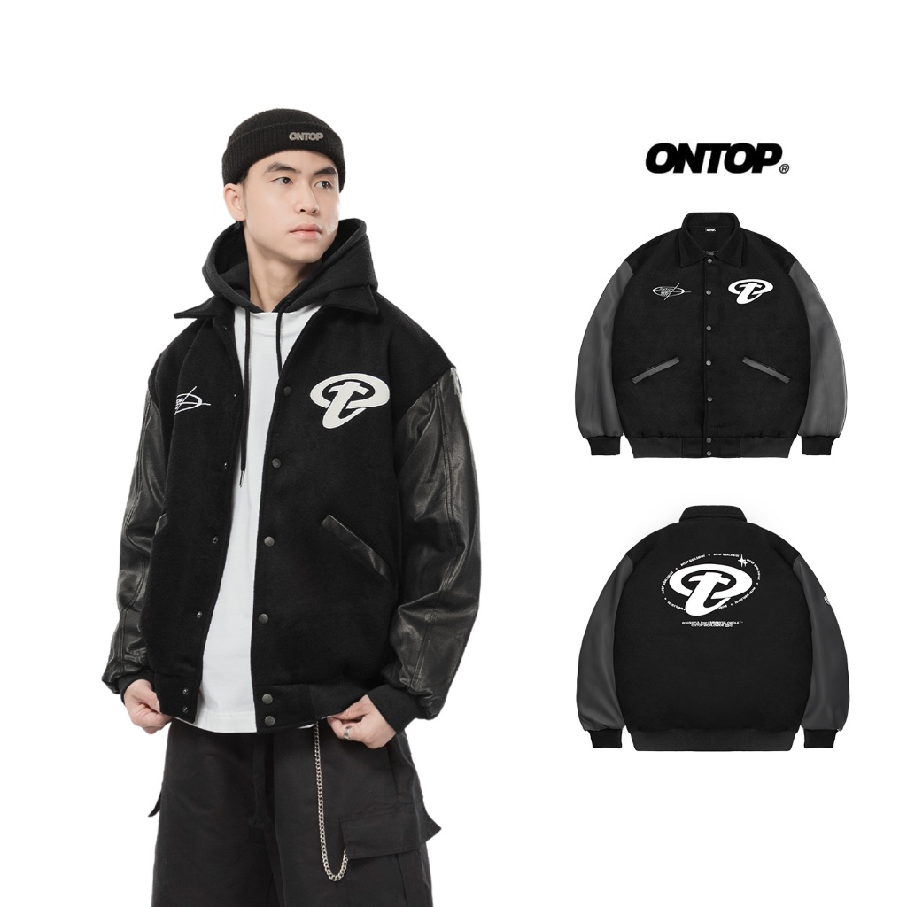 Varsity Jacket tay da vải nỉ nam nữ ONTOP logo thêu nút bấm có 3 size local brand cá tính Y2K | O21-