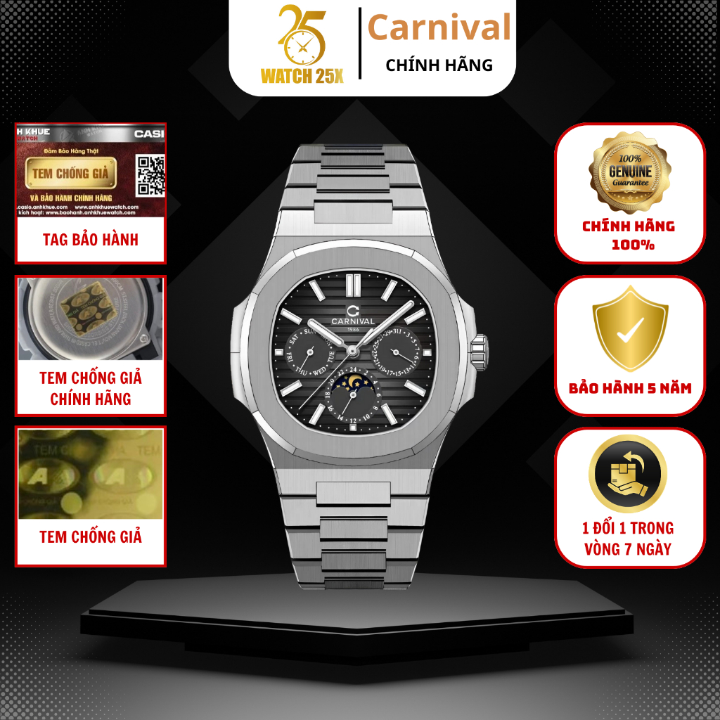 Đồng Hồ Nam Carnival 8179G-VT-D Watch25x - Thép Không Gỉ Chuẩn 316L, Mặt Số Lớn, Dây Đeo Bản Rộng