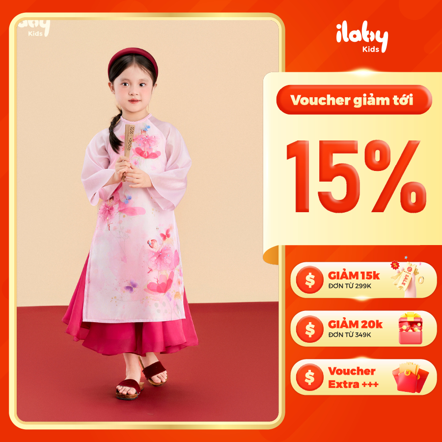 [ILABY HCM] Áo dài bé gái PHI NHI phối váy xòe mềm mại hoạt tiết hoa in loang [3696]