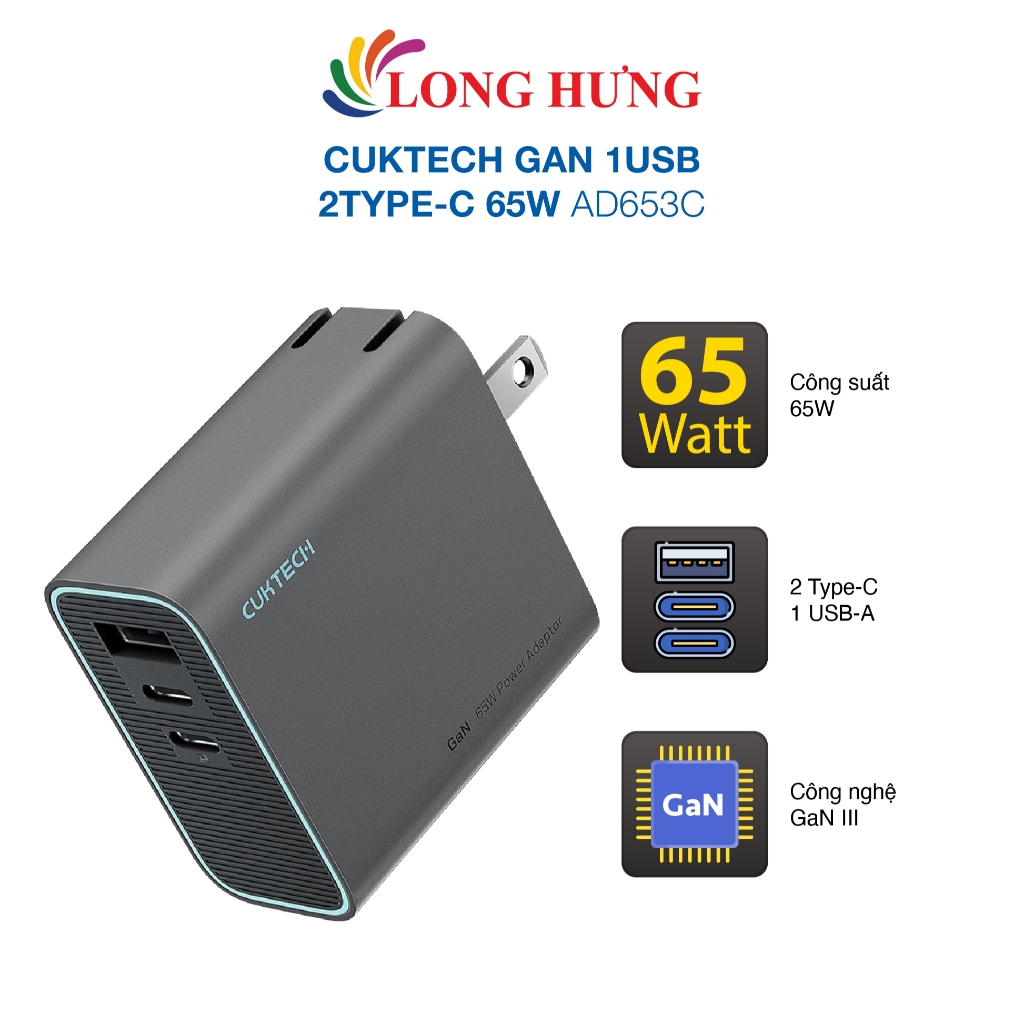 Cốc sạc Cuktech GaN 1USB 2Type-C 65W AD653C - Hàng chính hãng