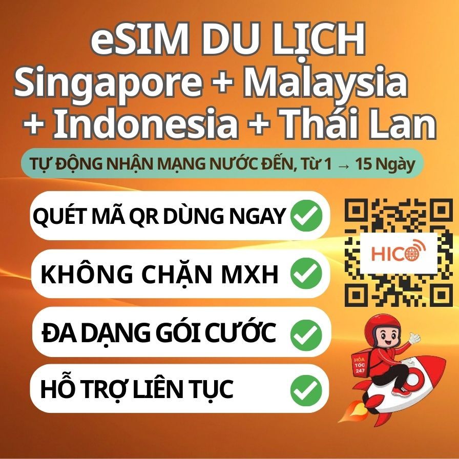 [Gửi Mã Hỏa Tốc] eSIM Du Lịch Singapore + Malaysia, eSIM HICO - Data Tốc Độ Cao - Quét QR Dùng Ngay