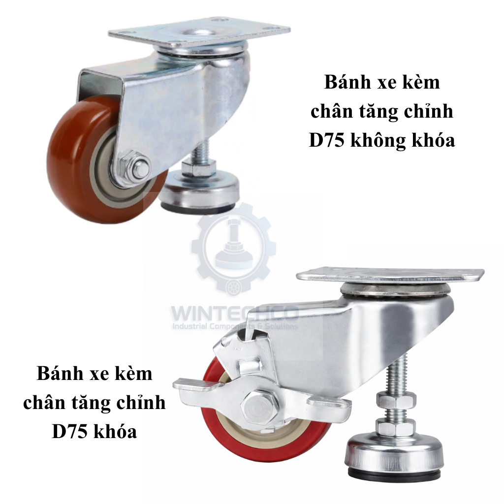 Bánh xe kèm chân tăng chỉnh D75 khóa