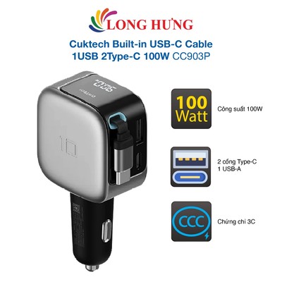 Cốc sạc xe hơi Cuktech Built-in USB-C Cable 1USB 2Type-C 100W CC903P - Hàng chính hãng