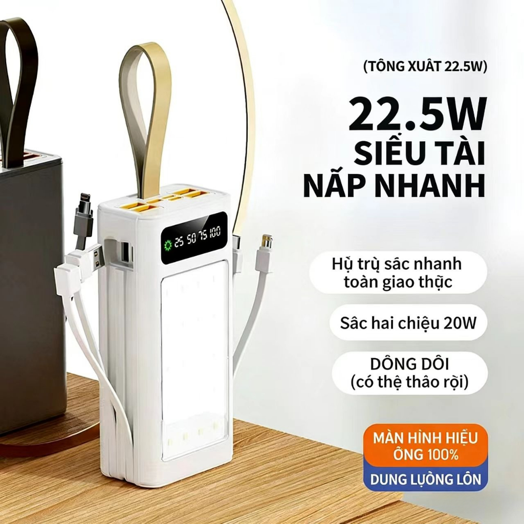 Pin dự phòng DX195 dung lượng lớn 120000mAh sạc nhanh PD20W kèm 2 cáp tháo rời và đèn cắm trại 22.5W