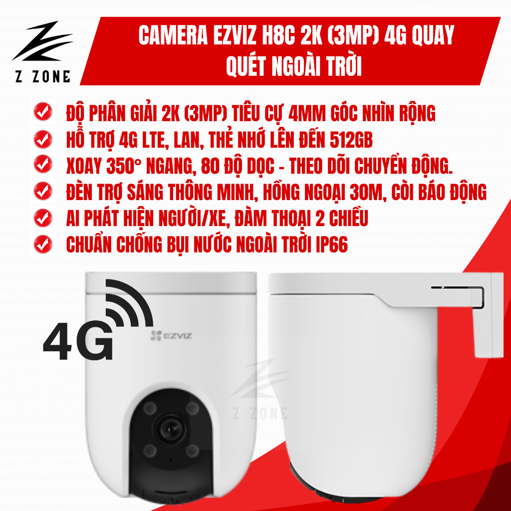 Camera EZVIZ H8c 2K (3MP) 4G – Xoay 360°, AI Thông Minh, Quan Sát Đêm 30m, Lắp Đặt Ngoài Trời