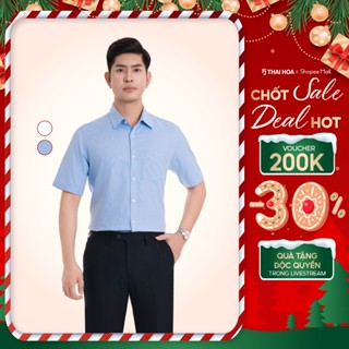  Áo sơ mi nam ngắn tay 23ASM-991 trung niên thiết kế 2 màu trắng xanh kẻ nhuyễn Thái Hoà 