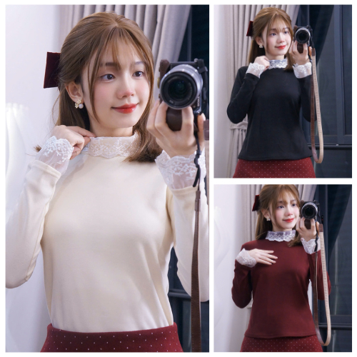 Áo Giữ Nhiệt Nữ Cổ 3P Phối Ren Cổ Và Ren Tay Xinh Xắn, Dễ Thương, Chất Lông Thỏ Mềm Mịn Ấm Áp MS2810