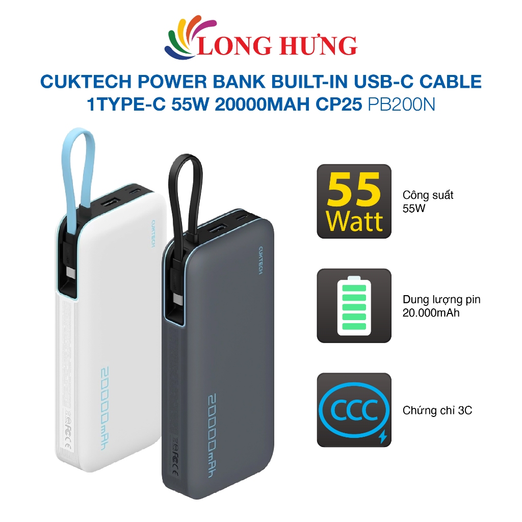 Sạc dự phòng Cuktech Power Bank Built-in USB-C Cable 1Type-C 55W 20000mAh CP25 PB200N - Hàng chính h