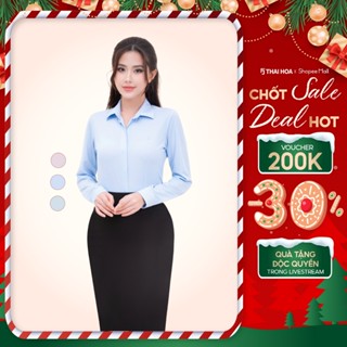  Áo sơ mi nữ 24ASW-251 dài tay Thái Hoà chất liệu sợi Than tre họa tiết kẻ co giãn 4 chiều cao cấp 