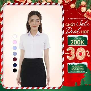  Áo sơ mi nữ công sở ASW0301-R10 ngắn tay Thái Hoà chất liệu sợi tre vải trơn nhiều màu form ôm 