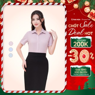 Áo sơ mi nữ 24ASW-252 ngắn tay sợi Than trevải sọc nhỡ nẹp khuy cao cấp co giãn 4 chiều Thái Hoà 
