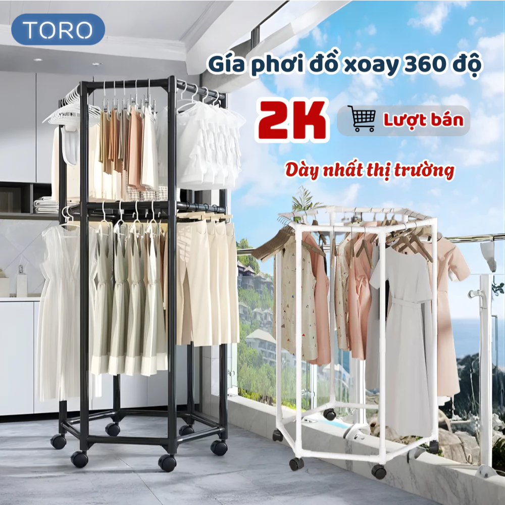 Giá Phơi Quần Áo Xoay 360 Độ TORO Khung Thép Chịu Lực Không Gỉ, Cây Treo Quần Áo Ban Công, Phòng Ngủ Đa Năng