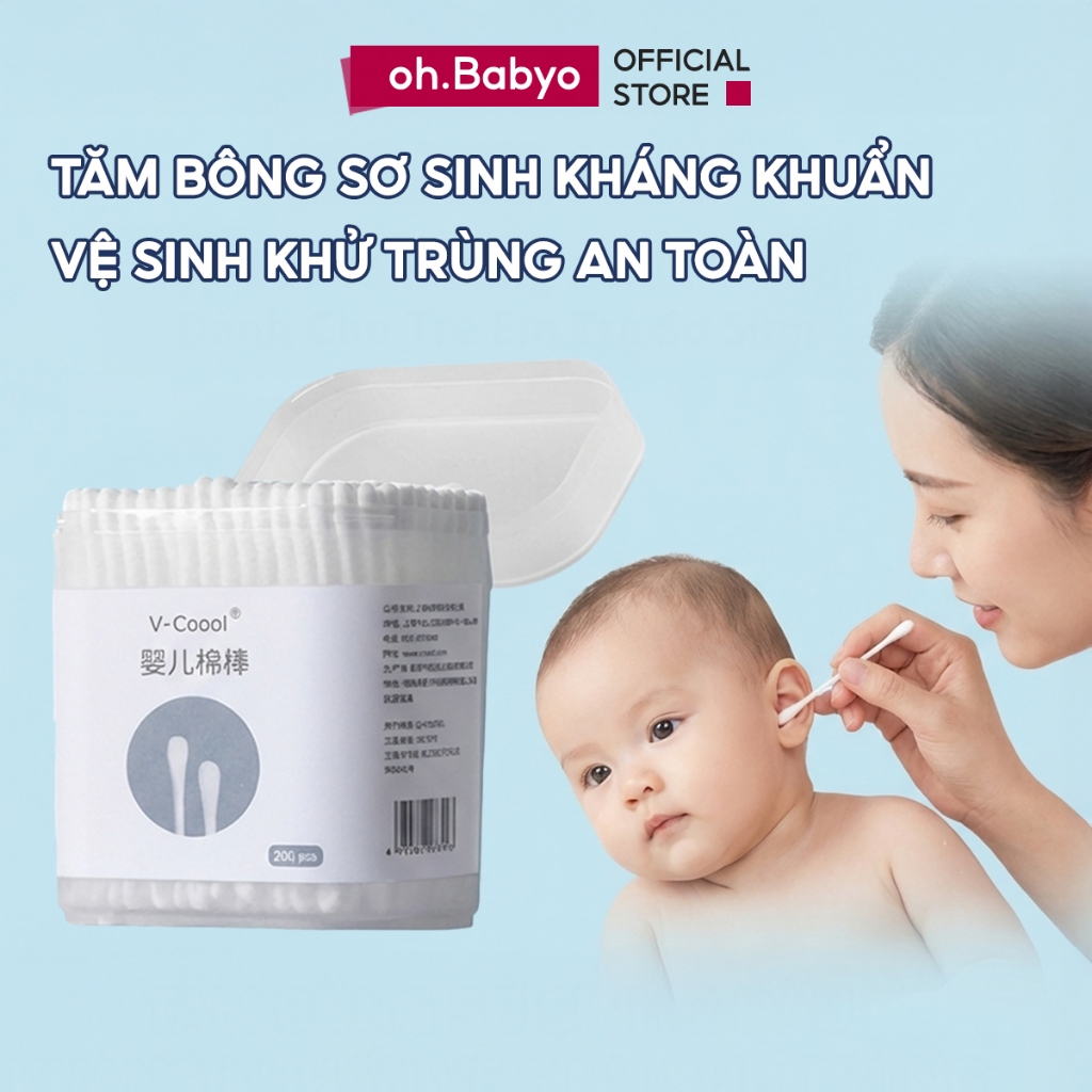 Tăm Bông Sơ Sinh Vcool 2 Đầu Kháng Khuẩn ohBabyo Bông Ngoáy Tai Vệ Sinh Khử Trùng An Toàn Cho Bé