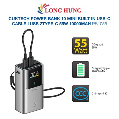 Sạc dự phòng Cuktech Power Bank 10 Mini Built-in USB-C Cable 1USB 2Type-C 55W 10000mAh PB1055 - Hàng chính hãng
