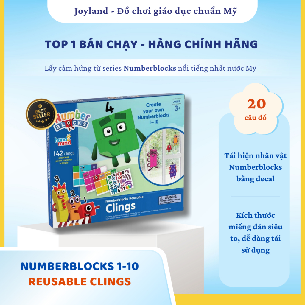 [Hàng nhập khẩu Mỹ] Bộ học toán cho trẻ em Numberblocks 1-10 Reusable Clings - Learning Resources