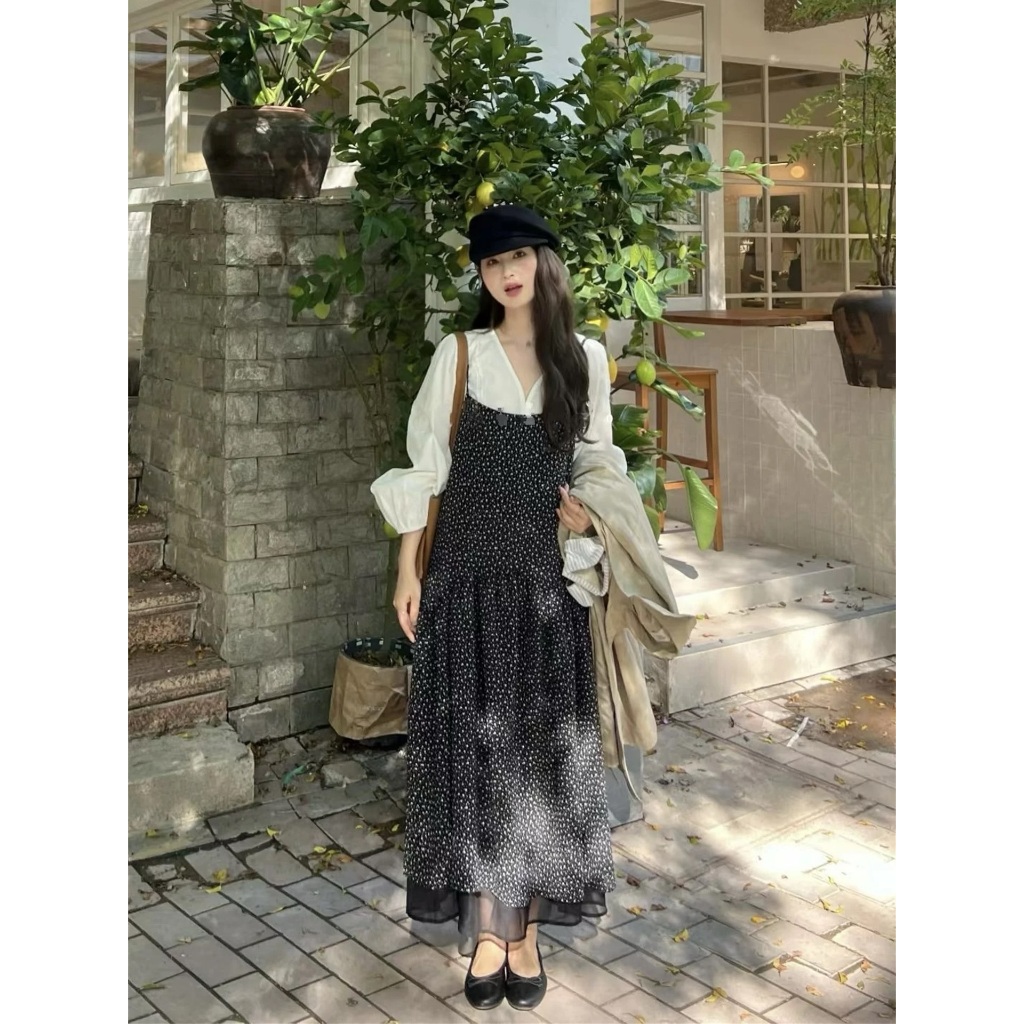 Set váy hai dây hoa nhí dáng dài phối áo sơ mi