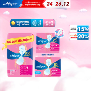  Băng Vệ Sinh WHISPER 5X Bảo Vệ Mặt Bông Siêu Mỏng Cho Ngày Thường Và Ngày Nhiều Khô Thoáng Gói 20 Miếng 16 Miếng 13Miếng 