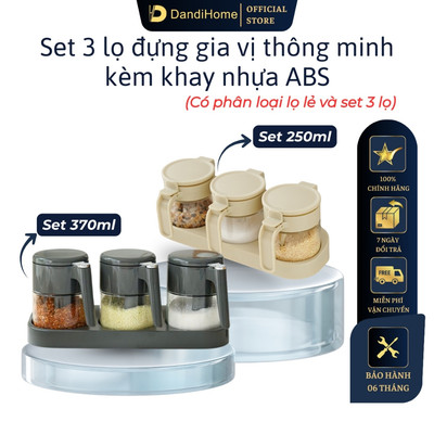 Set 3 hũ (lọ) đựng gia vị kèm khay DandiHome 250-370ml thủy tinh cao cấp tặng muỗng