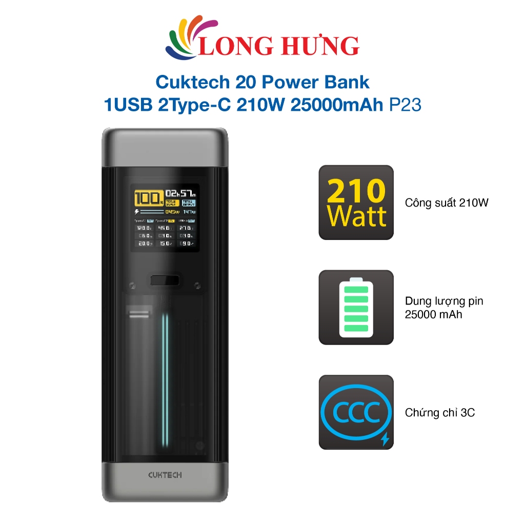 Sạc dự phòng Cuktech 20 Power Bank 1USB 2Type-C 210W 25000mAh P23 - Hàng chính hãng