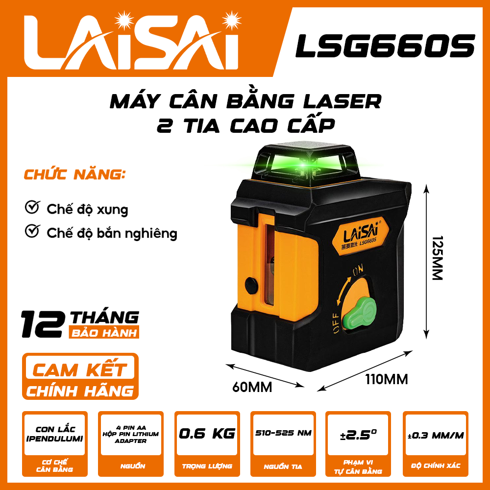 Máy Cân Bằng Laser Tia Xanh Cao Cấp LAISAI LSG660S, Kèm 2 pin 2200 mAh - Tia ngang 360°, CHÍNH HÃNG,