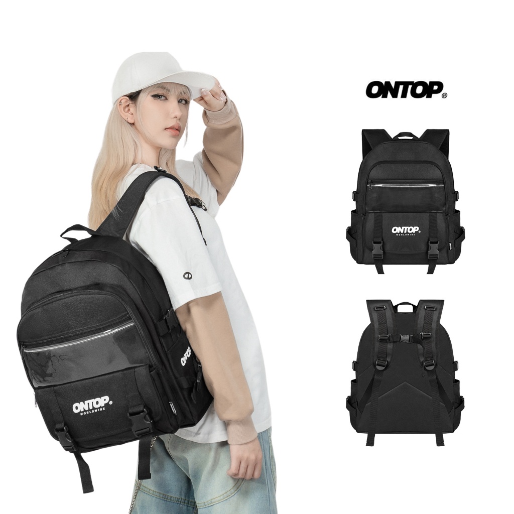 Balo nhiều ngăn màu đen nam nữ ONTOP vải canvas đựng vừa laptop 15.6 inches local brand School | O-P